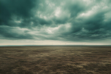 Wind turbine farm stretching across horizon with space for text