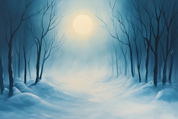 Winter landscape with moonlight illuminating snow-covered trees and mist in the air