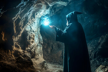 Wizard casting spell in dimly lit cave with space for text