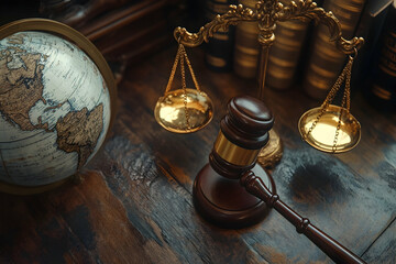 Wooden gavel and golden scale next to a globe, symbolizing international environmental law and sustainable industry practices