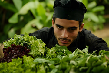 Young chef harvesting fresh vegetables from a lush farm in a natural setting