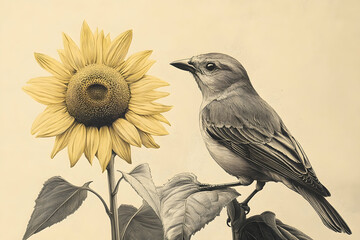 Young bird perched beside a sunflower, capturing the beauty of nature and growth for decor and art inspiration