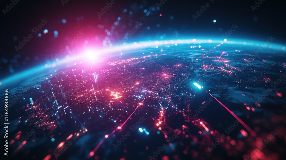 Poster a stunning digital view of earth from space, illuminated by neon lights and data streams.