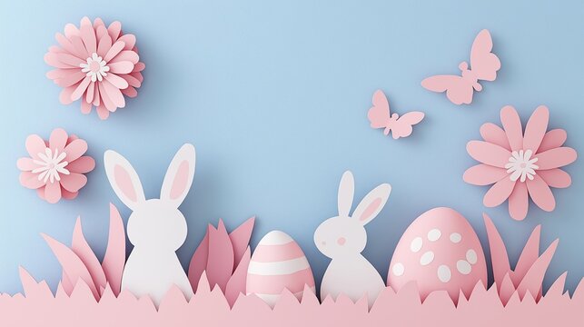 Pink Paper cut illustration of rabbit and easter eggs in the grass with space for text. Cutout Easter composition for invitation. abstract background