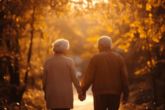 Elderly couple holding hands walking in autumn park at sunset - Powered by Adobe