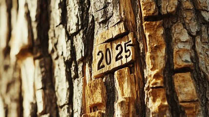 A close-up of a tree bark with a carved number "2025" indicating a possible marking.