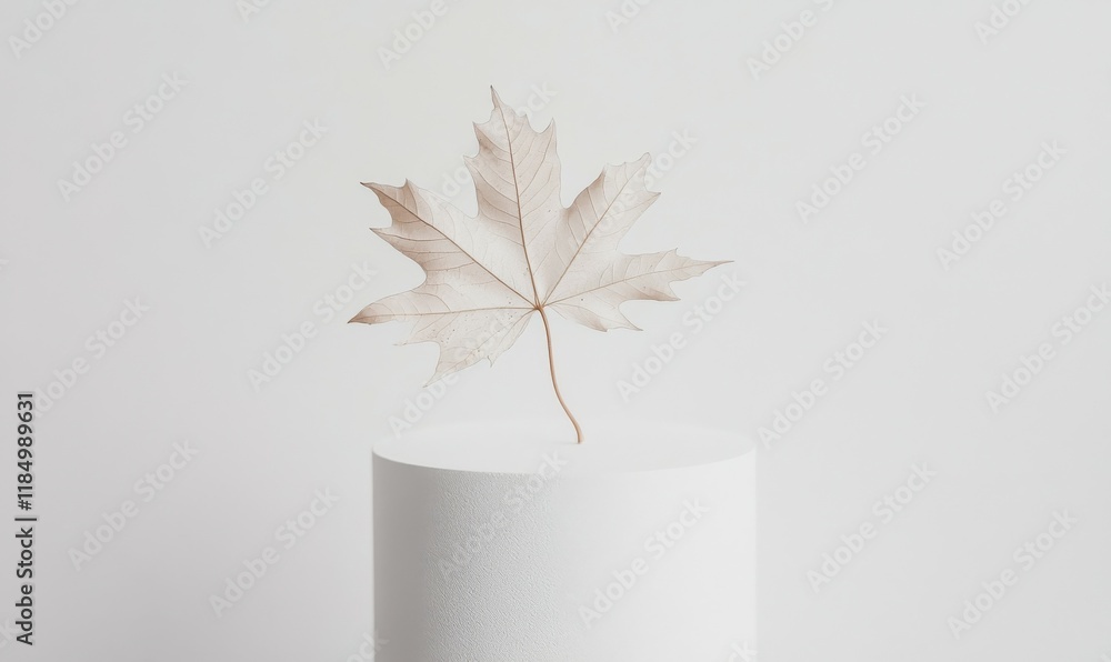Poster white pedestal with a leaf on it. the pedestal is empty and the leaf is the only object on it