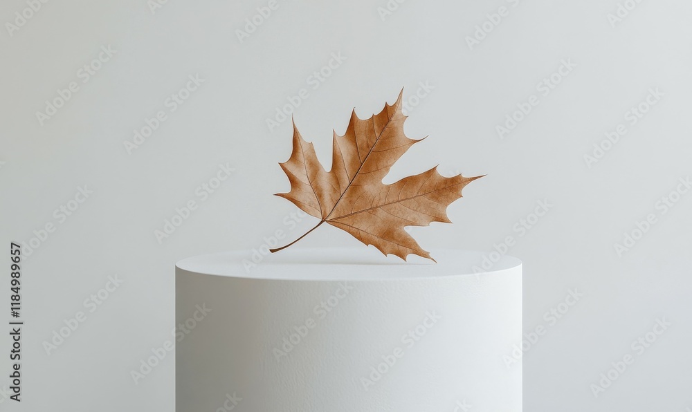 Poster white pedestal with a leaf on it. the pedestal is empty and the leaf is the only object on it