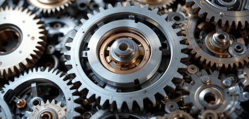 Detailed arrangement of metallic gears showcases their complex design and interlocking mechanisms often found in machinery. This display emphasizes engineering precision