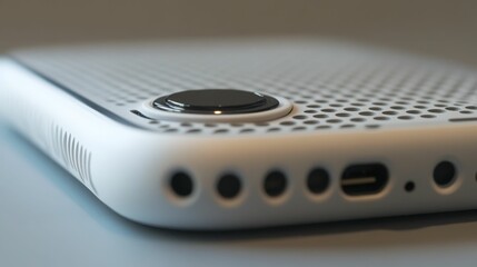 Light gray device, perforated top, dark button.