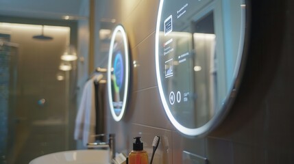 Modern bathroom with illuminated mirrors displaying digital information and sleek design elements.