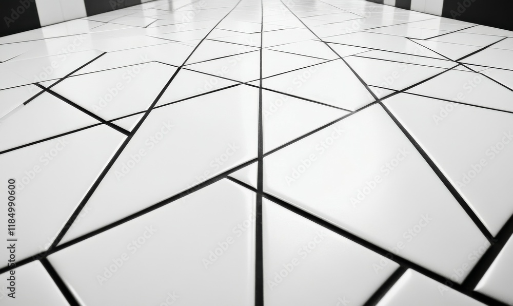 Poster white tiled floor with a black border. the tiles are square and white. the floor is empty and unoccu