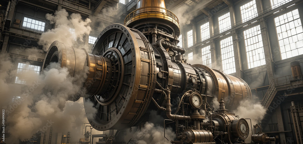 Poster a massive steam-powered machine stands prominently in an expansive industrial space. mist rises arou