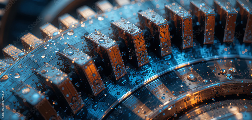 Poster intricate mechanical gears interlock in a close-up view, showcasing a vibrant array of water droplet