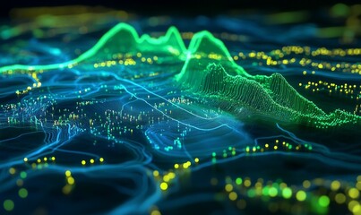 Visualize glowing green trend line overlaid on digital map