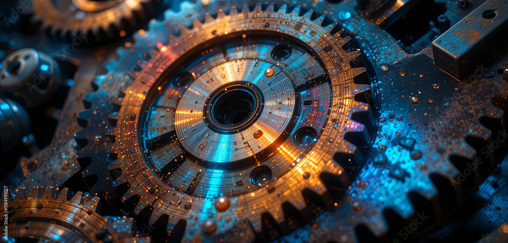Poster close view of metallic gears and cogs interwoven in a complex arrangement showcasing a blend of colo