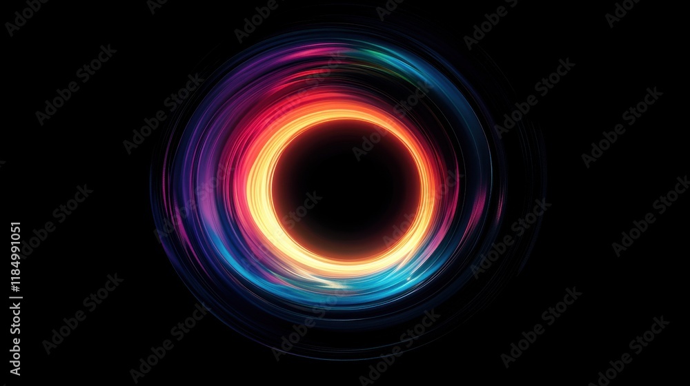 Poster a mesmerizing circular light pattern with vibrant colors swirling around a central dark void.