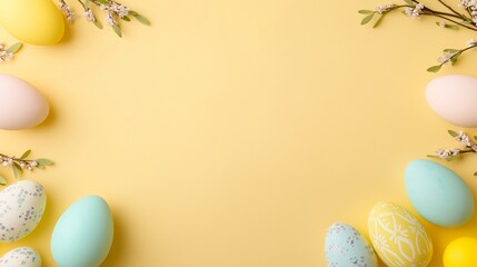 Bright colorful Easter eggs on a yellow background. Easter stylish minimal composition