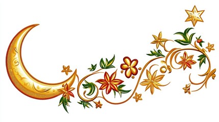A decorative design featuring a crescent moon, star, and colorful floral elements, often used for festive or cultural themes.