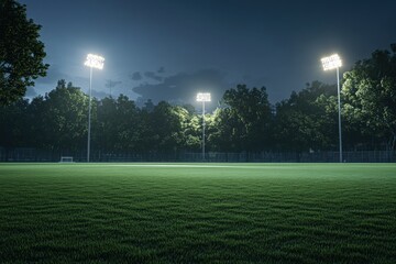 Obraz premium Illuminated soccer field at night with vibrant green grass and tall trees in the background.
