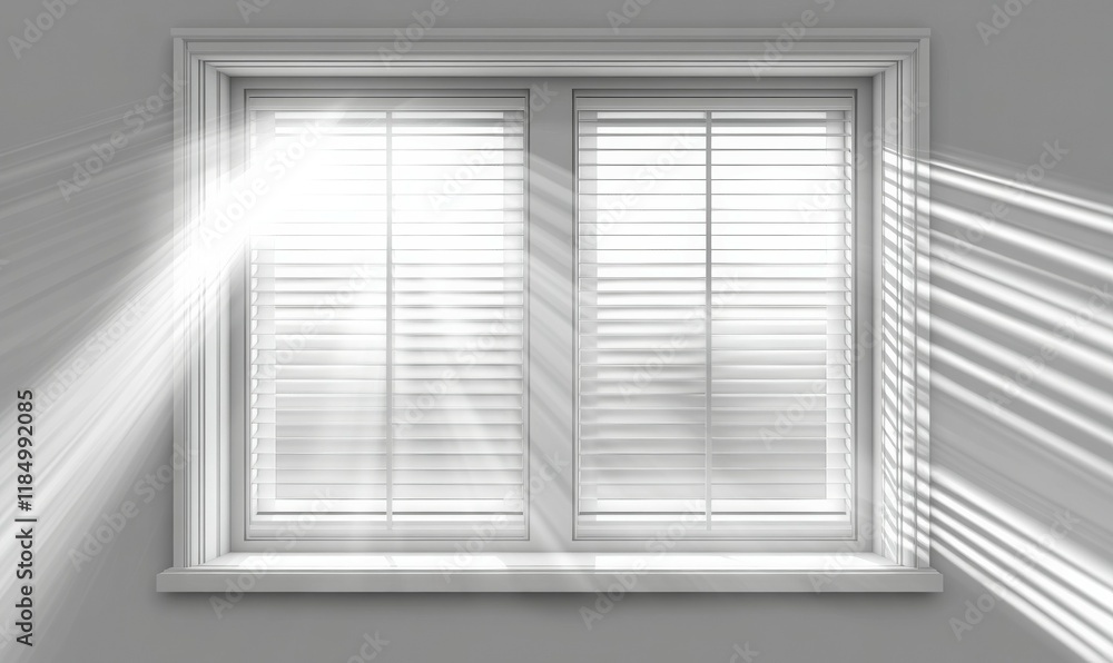 Poster window with white blinds and a white frame. the window is open and the sunlight is shining through i