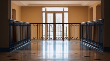 Obraz premium Glass window door with balcony railings and closed doors isolated on transparent background. Empty room with tiled floor, hotel apartment, mall, office interior design, Realistic 3d vector mock up
