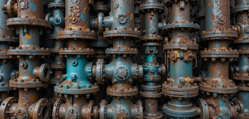 Multiple rusted steel pipes and valves fill the frame in an abandoned industrial area, showcasing signs of wear, decay, and neglect in the urban landscape