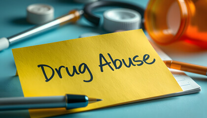 Writing note showing Drug Abuse. Business concept for the habitual taking of use of prescription or illegal drugs Set of medical equipment with notepad for health condition assessment isolated with 
