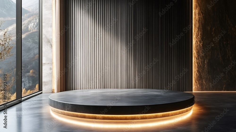Poster empty round podium illuminating modern showroom with mountain view