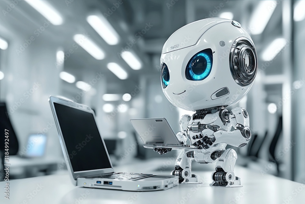 Poster a cute 3d rendered robot or assistant robot, depicted with a computer notebook