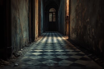 Obraz premium A hauntingly beautiful corridor with vintage checkered tiles and dim lighting.