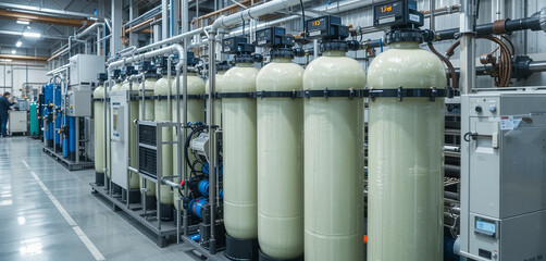 A water treatment facility displays a row of large filtration tanks lined with pipes and machinery for industrial purification processes. Workers monitor the equipment closely