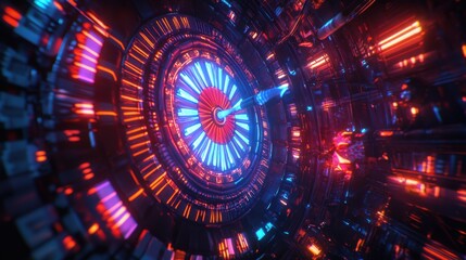 Futuristic digital tunnel with vibrant neon blue and orange lights creating a mesmerizing effect.