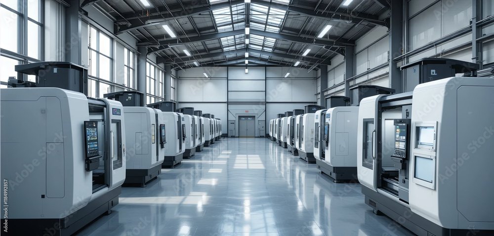 Poster rows of advanced cnc machines fill a large, well-lit manufacturing space. the workshop features high