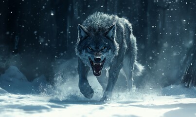 Obraz premium Wolf is walking through the snow with its mouth open, looking fierce and ready to attack. Concept of danger and wildness