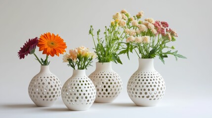 Flowers in decorative, perforated, white vases.