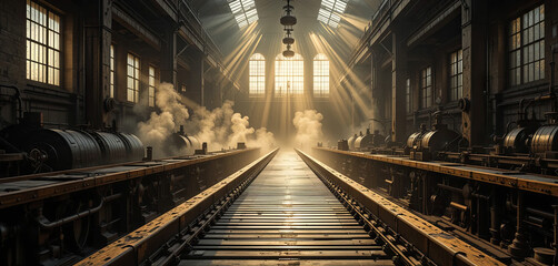 Early morning light streams through large windows of an abandoned railway station. Dust particles dance in the beams, highlighting old machinery and empty tracks, evoking nostalgia