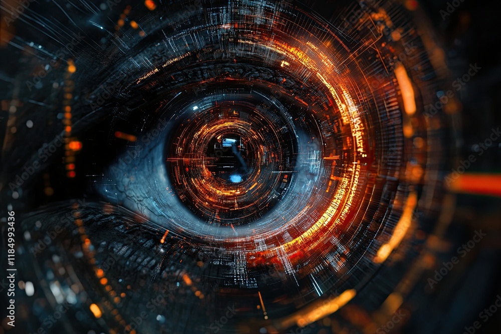 Poster a dark tech space showcases a hacker's or ai robot's eye with cyborg vision on a digital background,