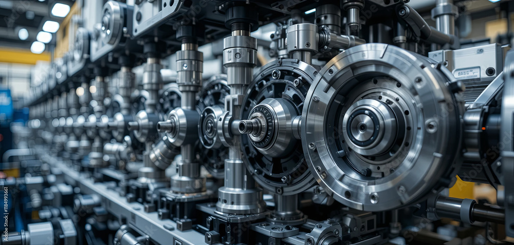 Poster close-up view of intricate machine components in a manufacturing facility, highlighting precision en