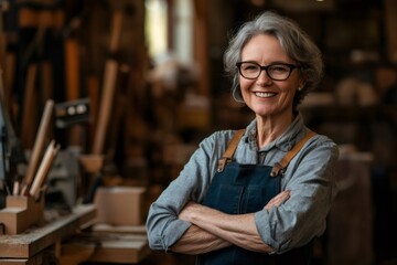 Senior female carpenter smiling with crossed arms in workshop