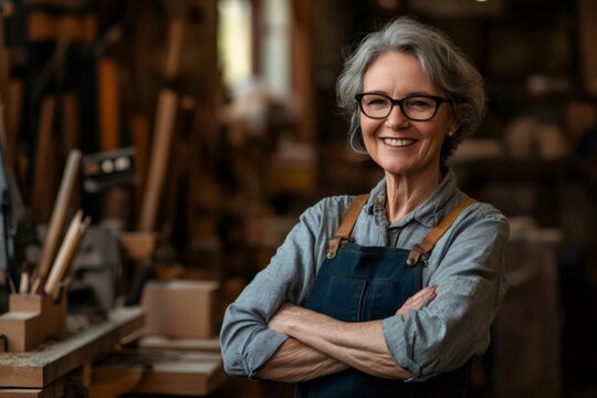 Senior female carpenter smiling with crossed arms in workshop