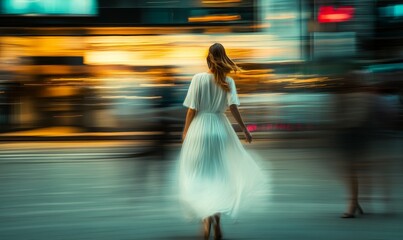 Fototapeta premium Woman in White Dress Walking on Urban Street with Motion Blur