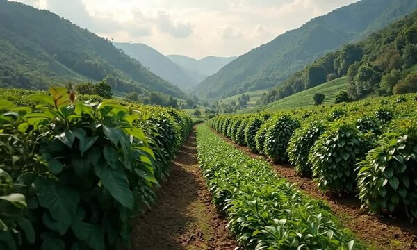 Aerial view of lush green coffee plantations on a sunny day showcasing coffee cultivation and farming techniques