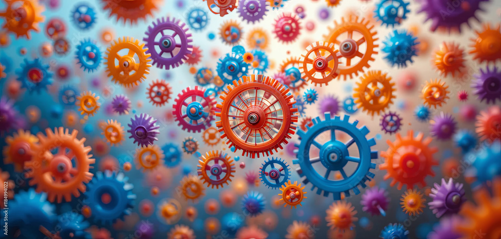 Poster a dynamic arrangement of vibrant gears in various sizes and colors floats against a blurred backgrou