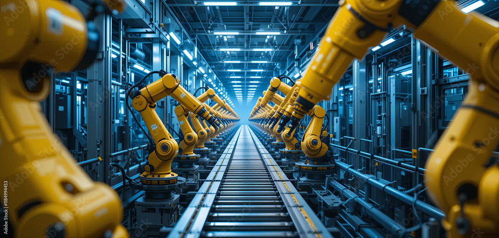 Poster advanced robotic arms move along a conveyor system in an automated manufacturing environment, highli