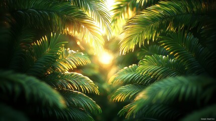Sunlight through lush green palm fronds.