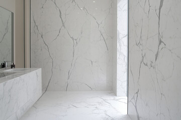 Obraz premium A luxury bathroom, minimalistic with marble - white and gray Carrara marble bath and spa design. Sink, walls and bright natural light. Mirror vanity, lavatory.