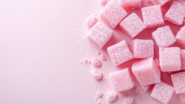 Pink turkish delight on pink, rahat lokum sweets, soft candy squares, confectionery flat lay, monochromatic food photography


