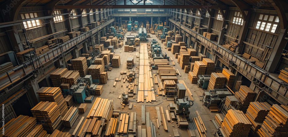 Aufkleber a spacious wood processing facility features neatly organized stacks of lumber, while machines are p