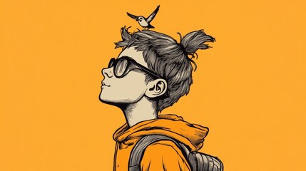 Fototapeta premium Boy with bird on head looking up, wearing sunglasses and orange hoodie.